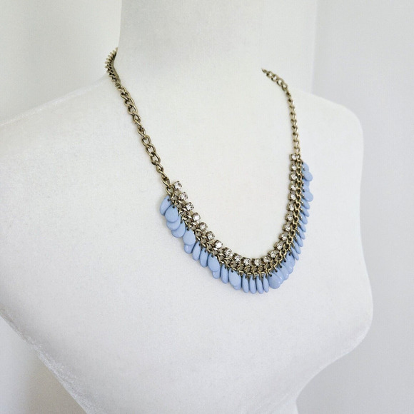 Statement Necklace Blue Beads Rhinestone Goldtone Chain Classic Retro Cocktail - Picture 3 of 12